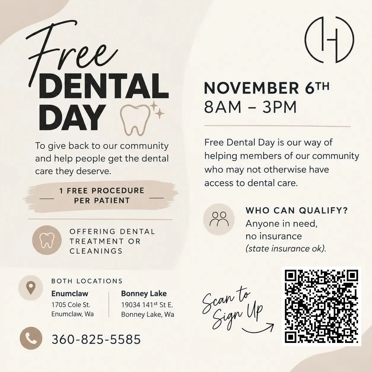 Free Dental Day flyer: November 6th, 8am to 3pm at Ossman Harding Dental in Enumclaw and Bonney Lake